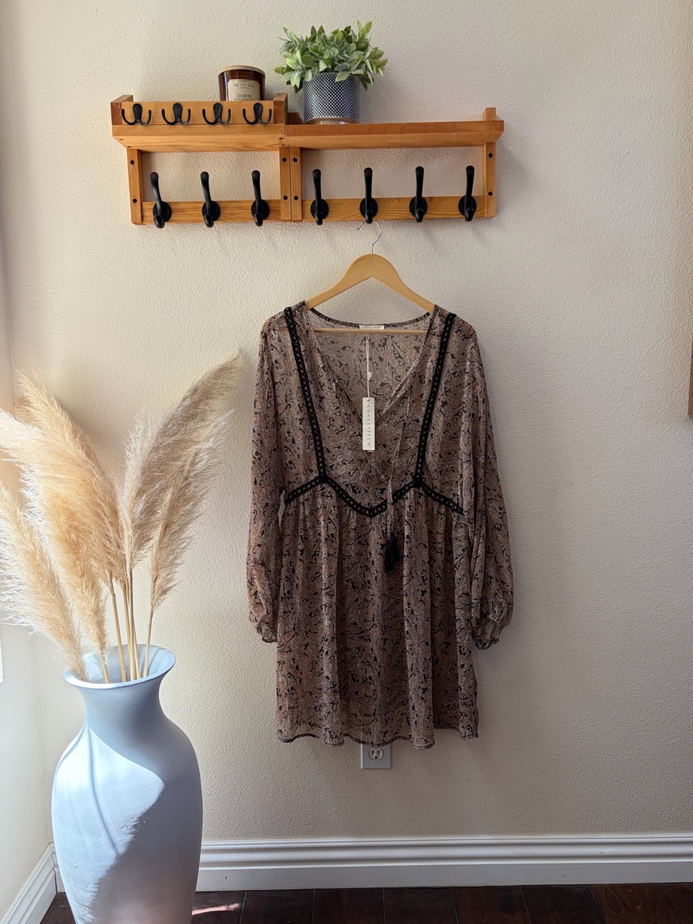 lovestitch Taupe Floral Boho V-Neck Long Sleeve Dress